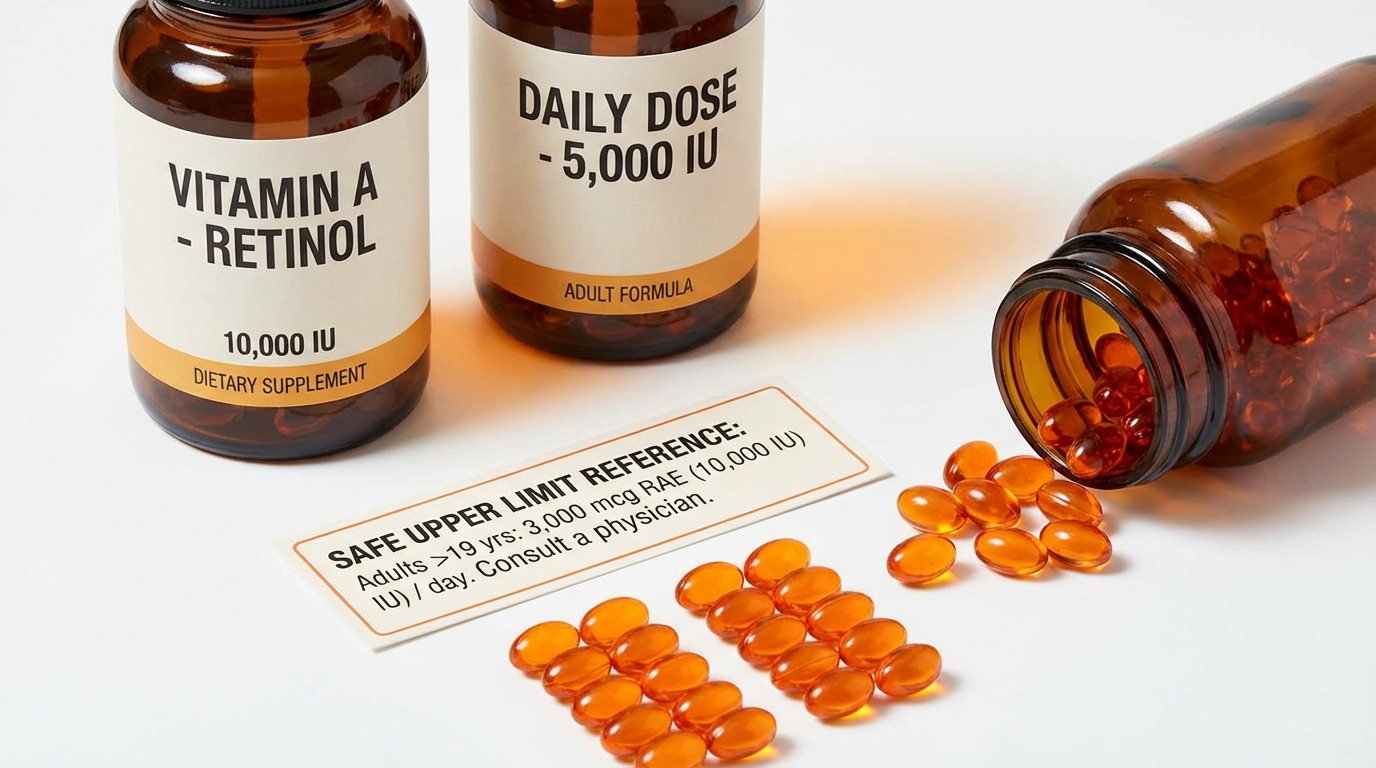 Vitamin A retinol supplement bottles with safe upper limit reference card