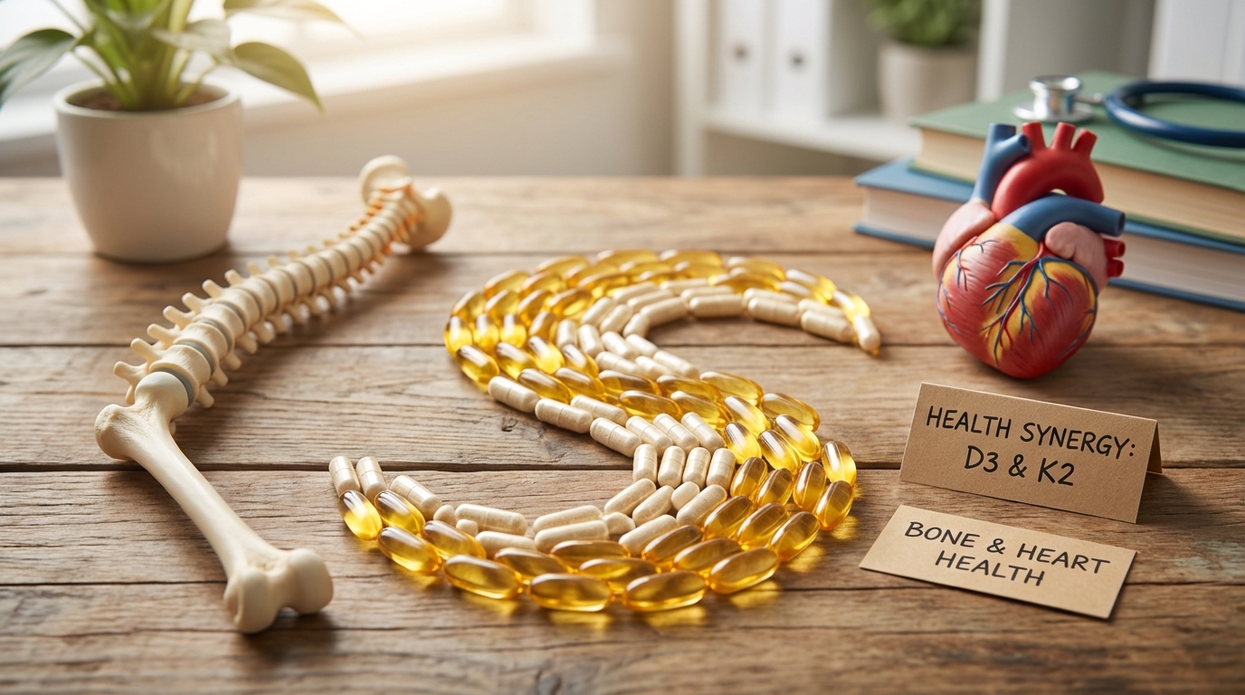 Vitamin D3 and K2 capsules with bone model and heart model showing health synergy